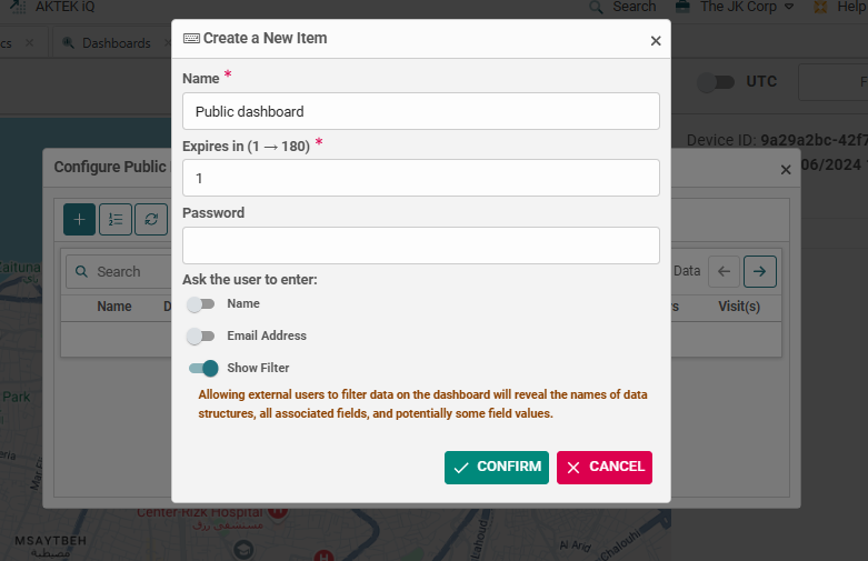 Screenshot of AKTEK iO showing filter enabled public links for secure data sharing with trusted stakeholders