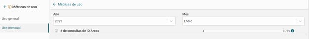 Captura de pantalla de AKTEK iO que muestra metricas de consumo precisas para el uso de la consulta de AKTEK iQ Areas