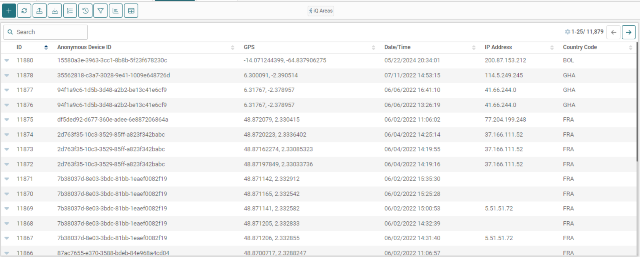 GPS coordinates in a data table on AKTEK iO